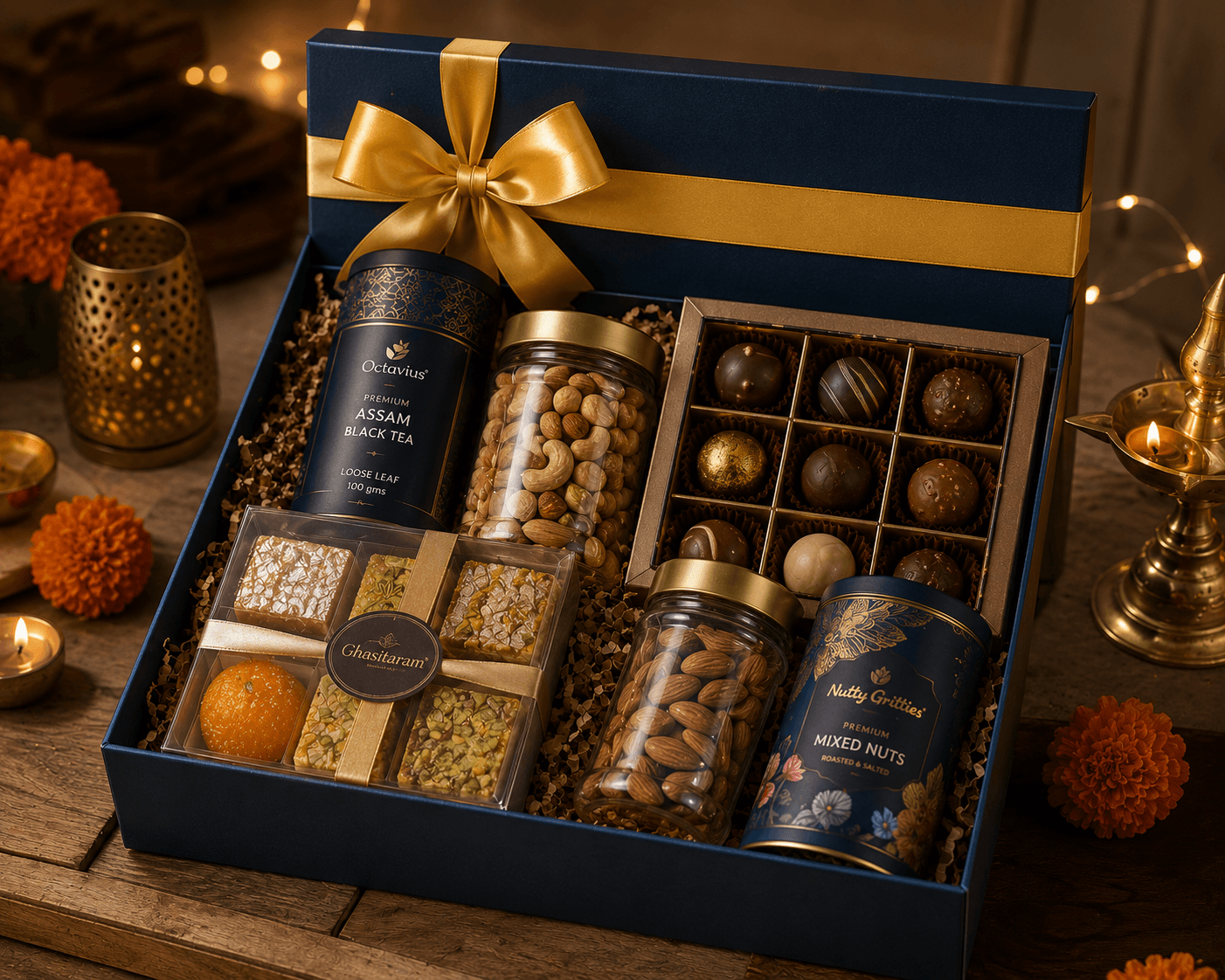 Premium Diwali gift hamper contents — dry fruits, artisan chocolates, Indian sweets, specialty tea for corporate gifting India