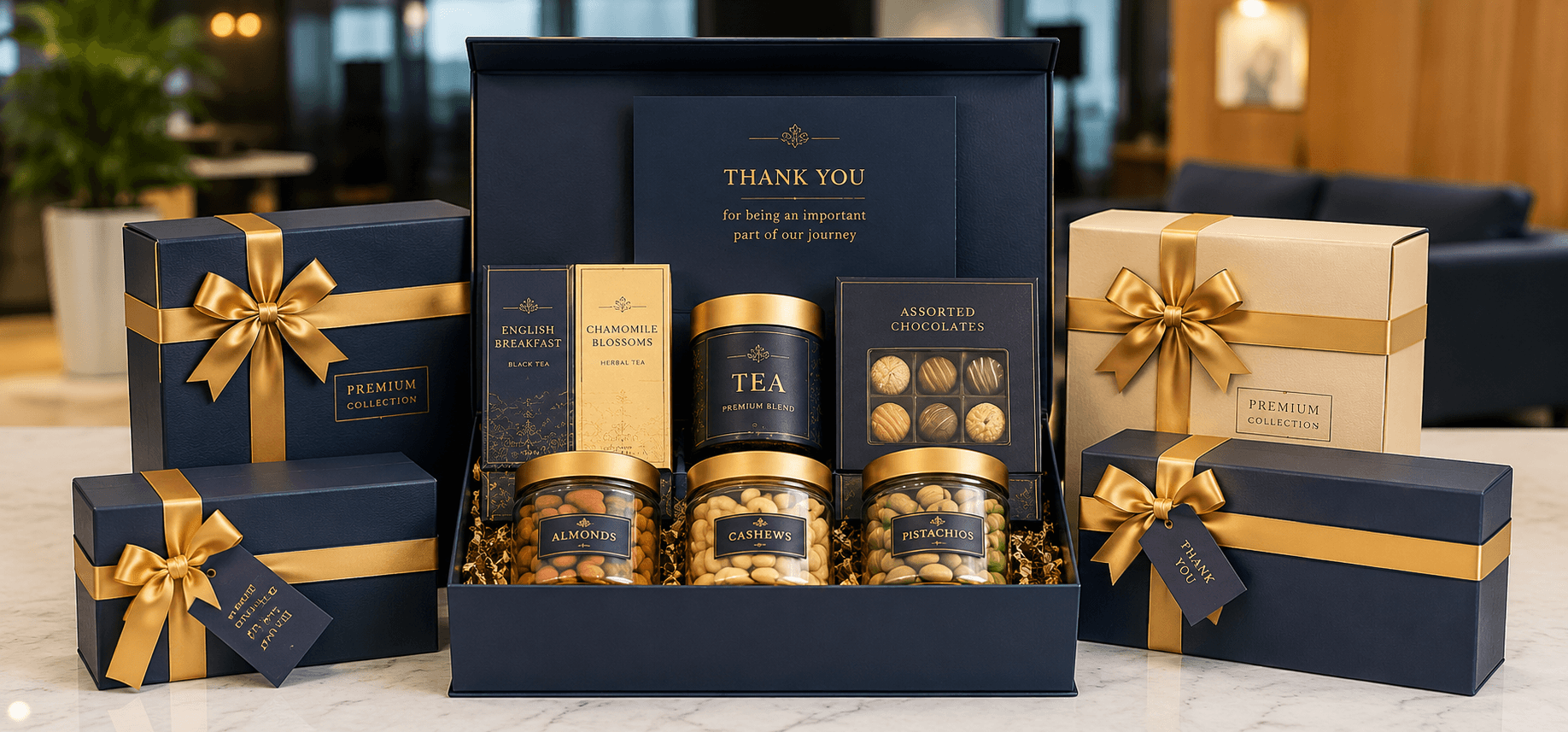 Premium corporate gift hamper contents for India team — dry fruits, chocolates, tea, branded packaging