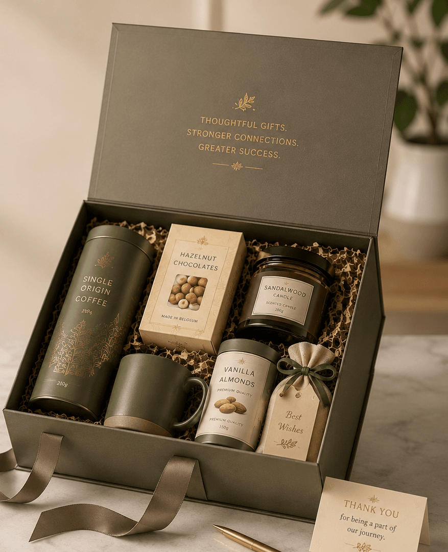 Corporate gift hampers India from Europe — premium branded packaging