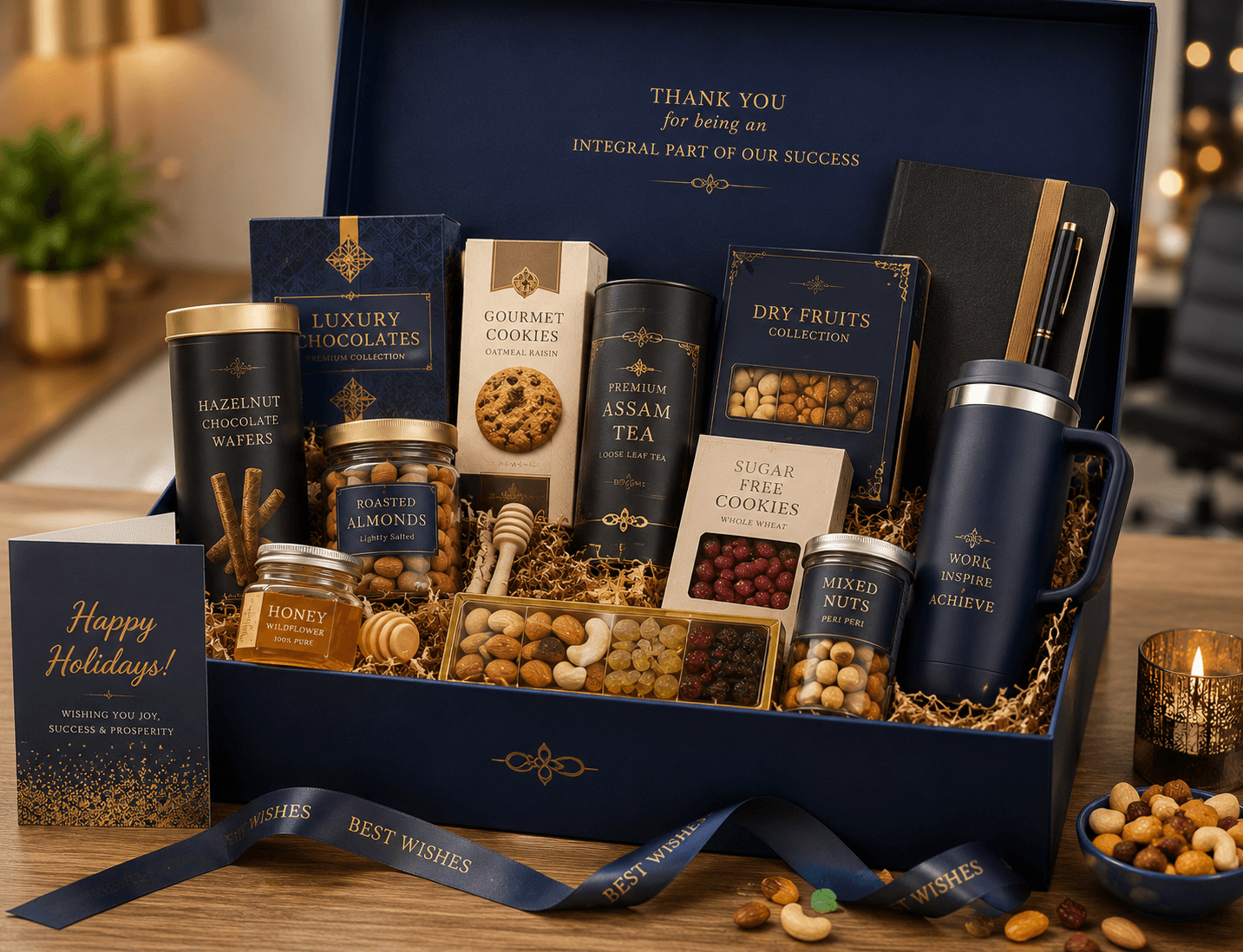 Premium corporate gift basket hamper contents for India team — dry fruits, chocolates, tea, branded packaging from USA