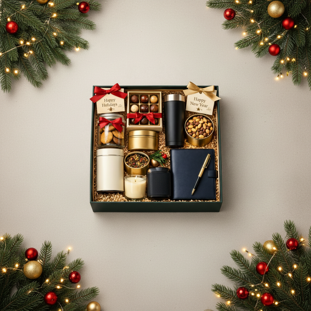 Premium year-end corporate gift hamper India — branded packaging December delivery