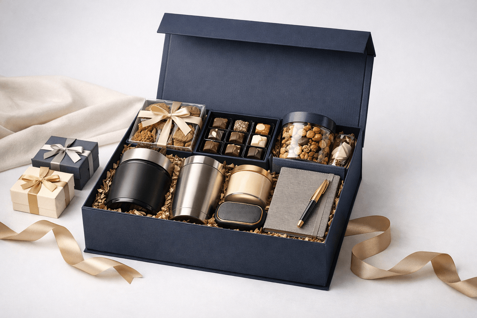 Premium corporate gift hamper contents for India team — ordered from Europe Singapore, dry fruits chocolates tea branded packaging
