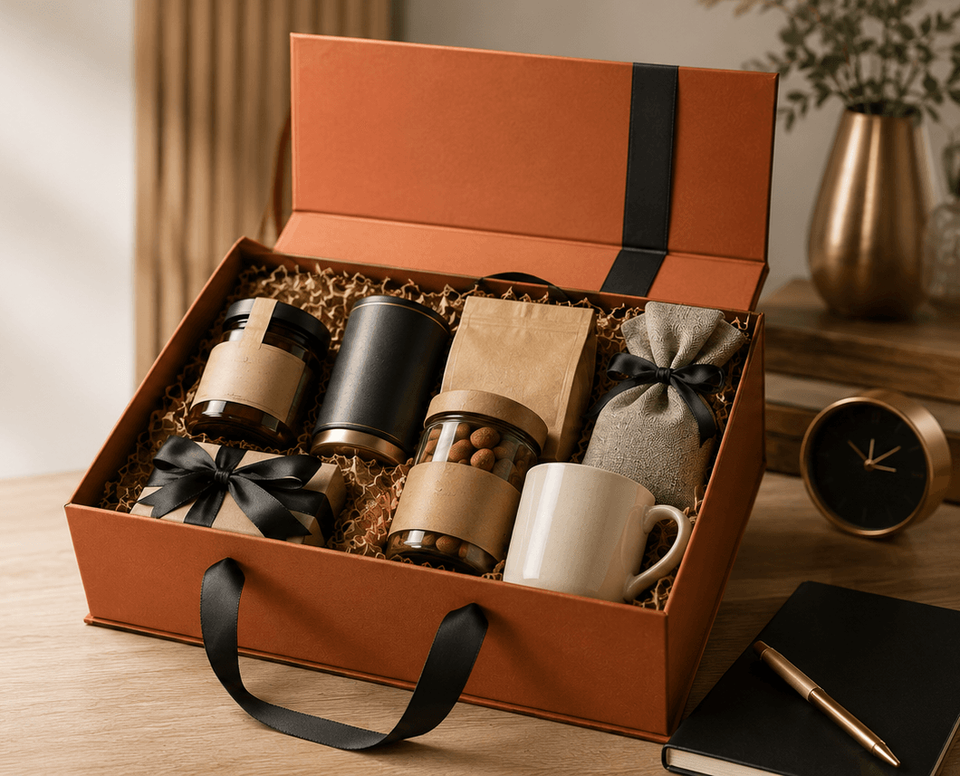 Premium corporate gift hamper contents for India team — ordered from Australia, dry fruits chocolates tea branded packaging